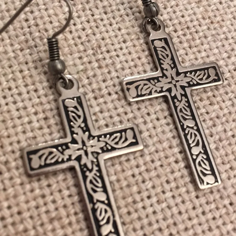 Cross Earrings Oxidized Floral Design Silvertone